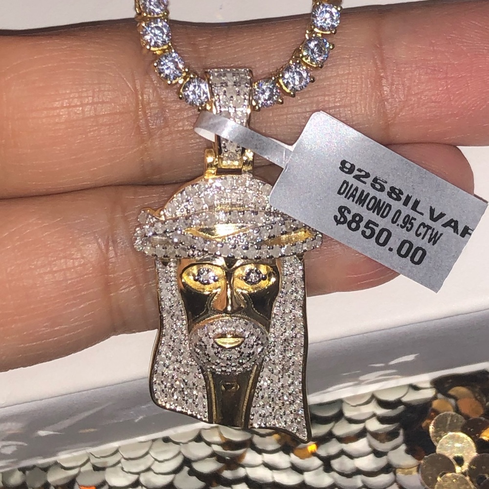 Real diamond Jesus head pendant for men, not c not moissanite, 10k gold vermeil - Picture 7 of 9
